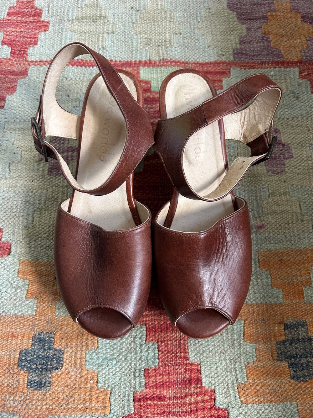 Women's Brown Leather Peep-Toe Slingback Clogs